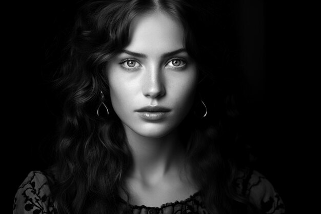Photo portrait en noir et blanc d'une jeune femme perçant le regard photo pour avatar