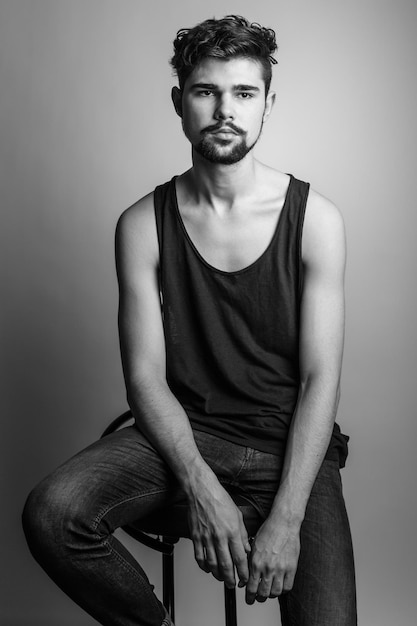 Portrait noir et blanc d'un jeune homme en t-shirt noir