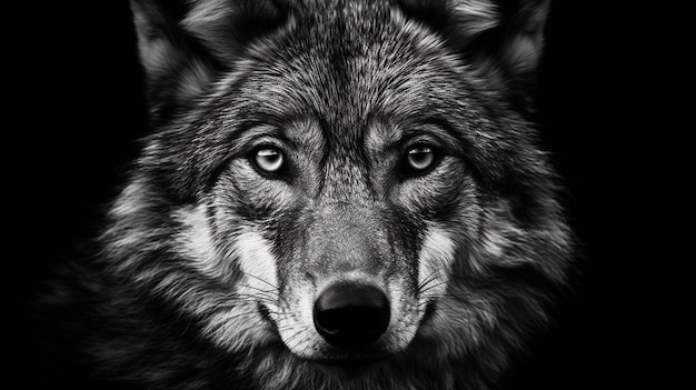 Portrait noir et blanc d'un loup sur fond noir IA générative