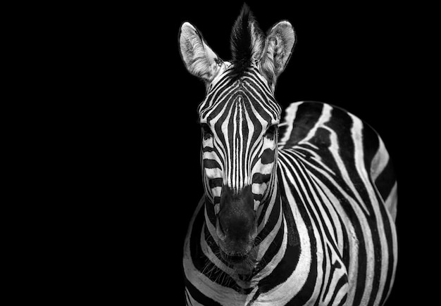 Portrait noir et blanc de zèbre. Animal sauvage africain regardant la caméra. Zebra faible profondeur de champ yeux au point. Affiche d'intérieur à la maison ou modèle de conception de toile de peinture. Visage de zèbre drôle