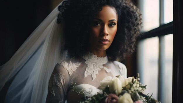 Photo portrait de noirs la belle mariée contre une fenêtre à l'intérieur