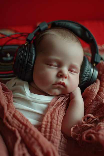 Photo portrait d'un nouveau-né écoutant de la musique avec des écouteurs et allongé sur une couverture douce