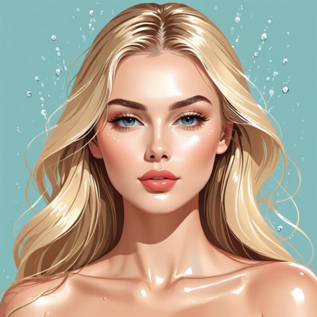 Portrait numérique d'une belle femme blonde avec une peau brillante et des cheveux mouillés en gros plan