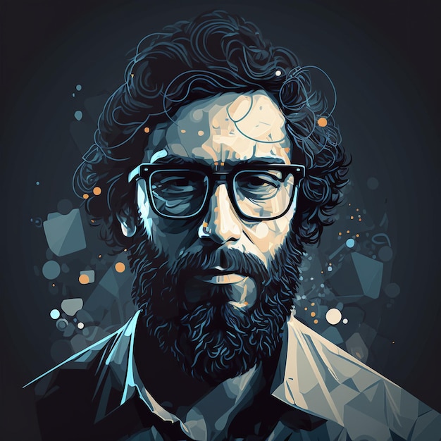 Un portrait numérique d'un homme avec des lunettes et une barbe.