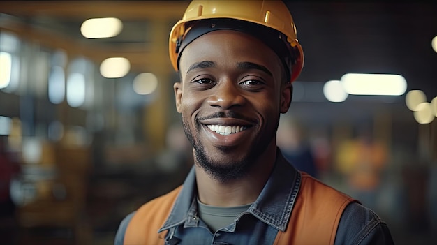 Portrait of Black People Male Engineer in Safety Vest and Hardhat Professional Black People Man Working in the Modern Manufacturing Factory Generative Ai