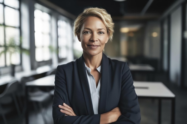 Portrait of businesswoman standing outside salle de réunion avec collègue sitting smiling female busin