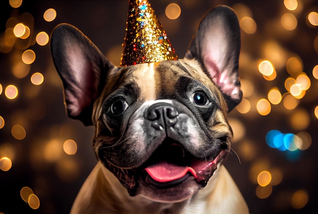 Portrait of cute happy French Bulldog in the celebration party with bokeh light and confettis in the dark background Generative AI