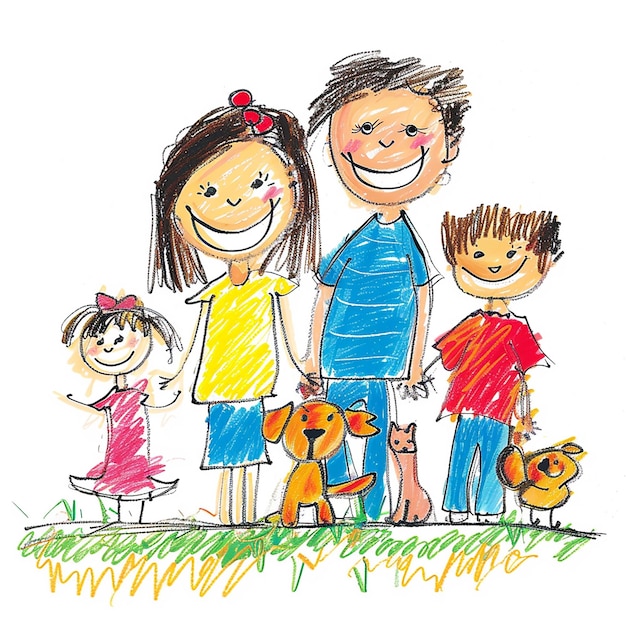 Photo portrait of happy family in childlike drawing style