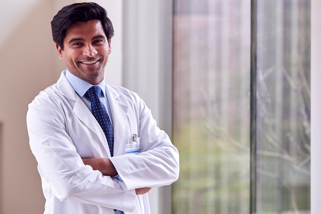 Portrait of Male Doctor Wearing White Coat debout dans le couloir de l'hôpital