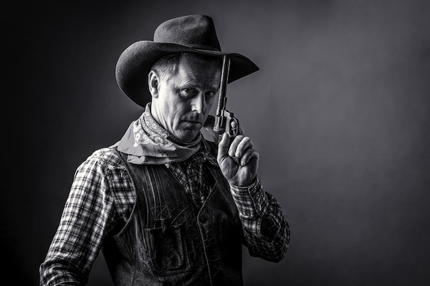 Photo portrait of man wearing cowboy hat gun portrait of a cowboy american bandit in mask western man with hat noir et blanc