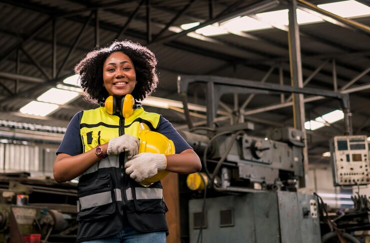 Portrait of smiling Engineering avec casque et uniforme de sécurité debout en usine. Industriel et ouvrier.