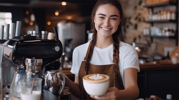 Portrait of smiling female barista en tablier et lunettes tenant une tasse de café au café