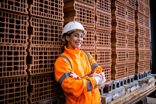 Portrait of smiling female construction worker in safety equipment and hard hat