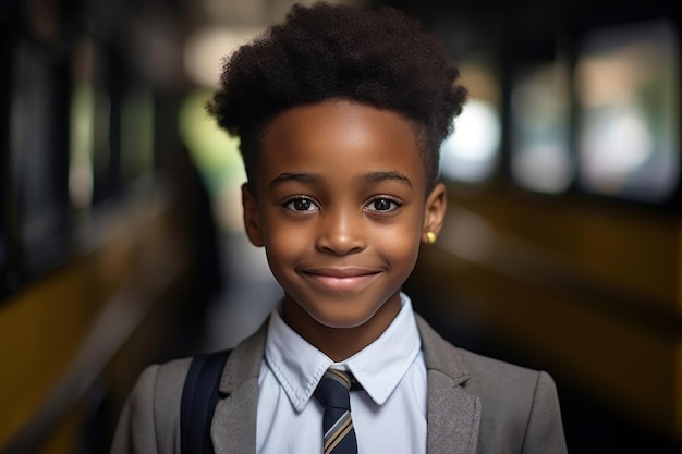 Portrait of a smiling happy écolier multiethnique élémentaire vêtu d'un uniforme d'esprit formel de l'école