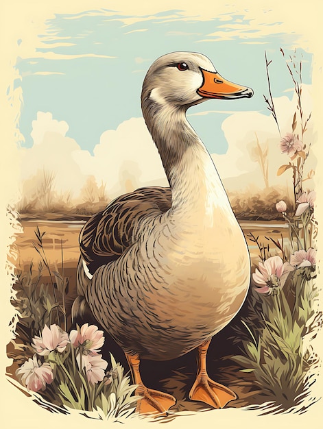 Portrait d'une oie tenant des œufs qui a l'air maternel Couleur douce des sourcils Poster vintage 2D Design plat Art