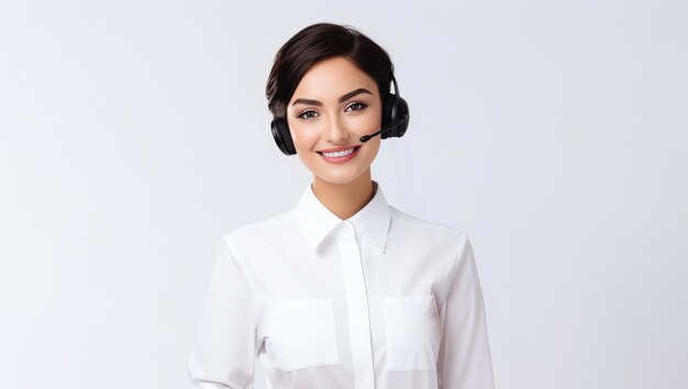 Portrait d'un opérateur téléphonique d'assistance à la clientèle heureux et souriant dans un casque sur fond blanc