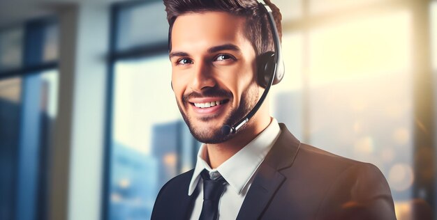 Portrait d'un opérateur téléphonique de support client masculin souriant au bureau Centre d'appels et service client