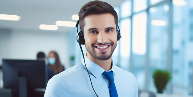 Portrait d'un opérateur téléphonique de support client masculin souriant au bureau Centre d'appels et service client
