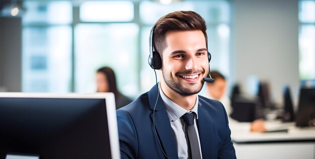 Portrait d'un opérateur téléphonique de support client masculin souriant au bureau Centre d'appels et service client