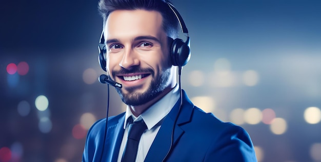 Portrait d'un opérateur téléphonique de support client masculin souriant au bureau Centre d'appels et service client