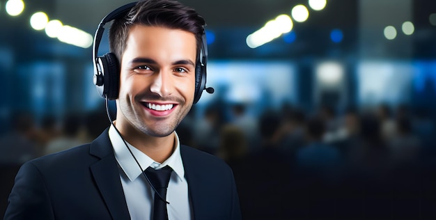 Portrait d'un opérateur téléphonique de support client masculin souriant au bureau Centre d'appels et service client