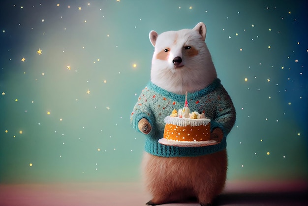 Portrait d'ours animal des bois avec fourrure duveteuse avec gâteau Illustration Generative AI