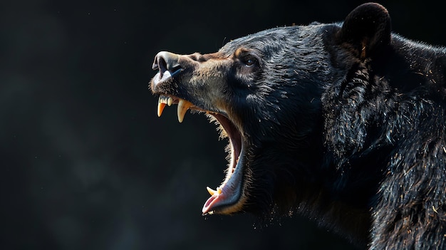 Portrait d'un ours noir rugissant montrant ses dents et ses crocs tranchants et forts