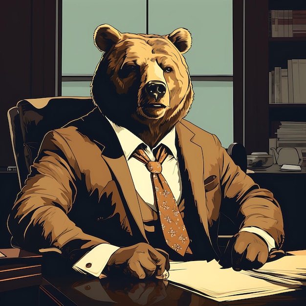 Portrait d'ours portant une cravate avec une pose cool assis à un D Vintage Poster 2D Flat Design Art