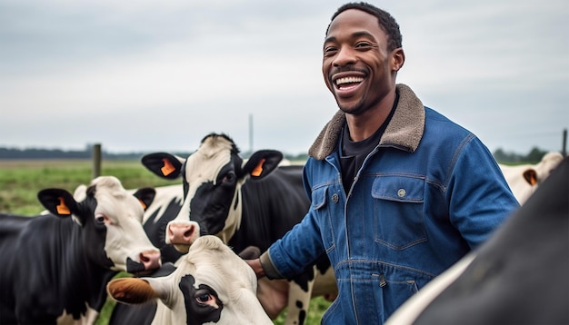 Photo portrait d'un ouvrier afro-américain positif en robe bleue travaillant dans une ferme laitière avec un noir