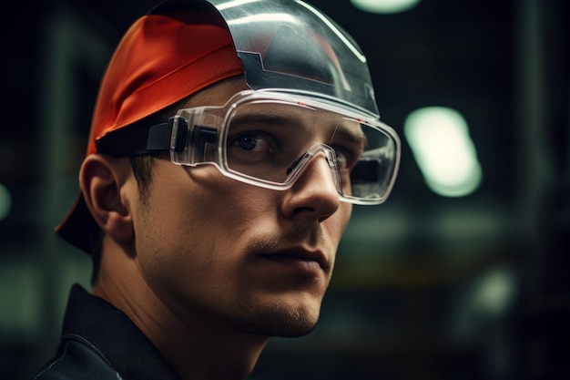Photo portrait d'un ouvrier concentré sur le complexe technologique industriel de l'usine face aux ouvriers de la ligne de production
