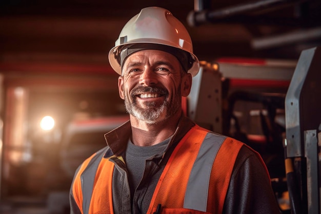 Portrait d'un ouvrier constructeur debout contre le fond du drapeau des États-Unis lors de la célébration de la fête du Travail Homme de travail en uniforme et casque de construction de sécurité généré par l'IA