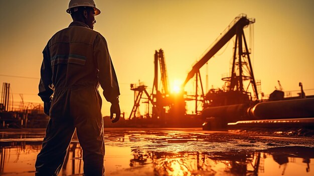 Portrait d'un ouvrier dans le champ pétrolier au coucher du soleil