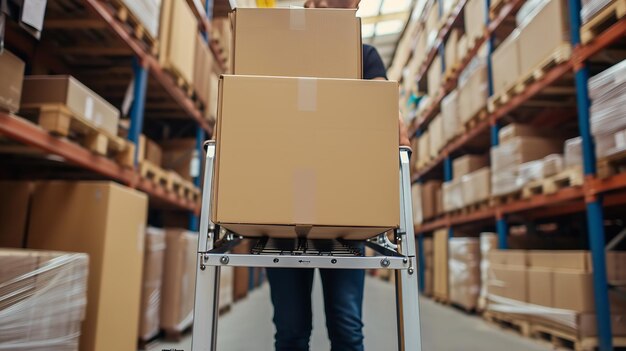 Portrait d'un ouvrier dans Wearhouse pousse un camion à main avec un espace de copie IA générative