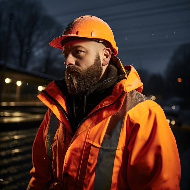 Portrait d'un ouvrier du bâtiment portant un casque et un gilet de sécurité