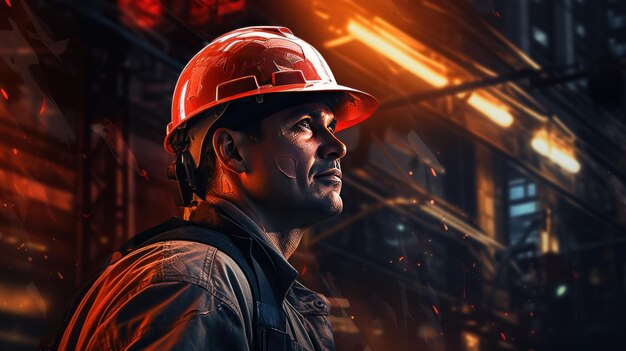 Portrait d'un ouvrier industriel dans un casque rouge Arrière-plan industriel