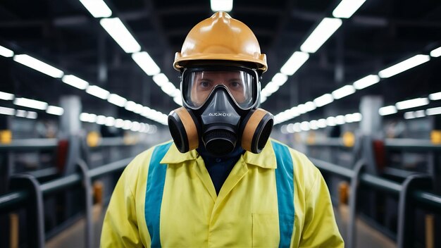 Photo portrait d'un ouvrier industriel portant un uniforme de protection et un masque à gaz