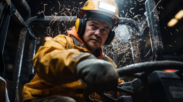 Photo portrait d'un ouvrier portant un casque et des lunettes de sécurité dans une usine