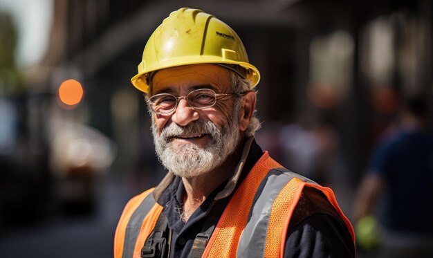 Portrait d'un ouvrier souriant, d'un homme mûr portant un casque, d' un ingénieur portant un gilet de sécurité et un casque de résistance sur un chantier de fabrication ou de construction.