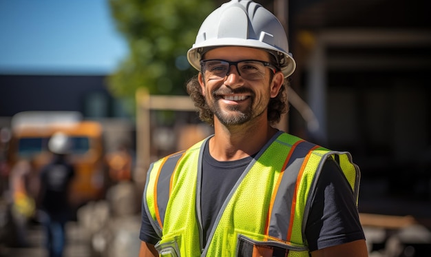 Portrait d'un ouvrier souriant, d'un homme portant un casque, d' un ingénieur portant un gilet de sécurité et un casque de protection sur un chantier de fabrication ou de construction.