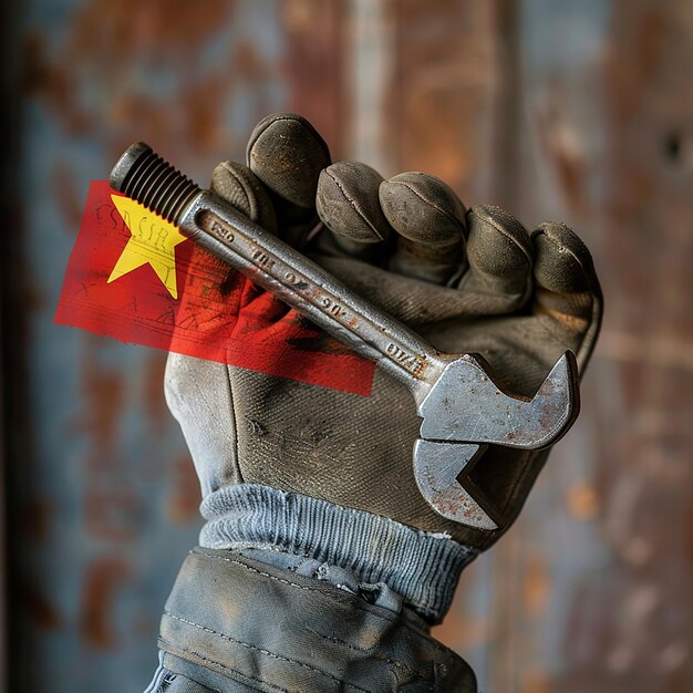 Photo portrait d'un ouvrier tenant une vieille clé et un drapeau du zimbabwe