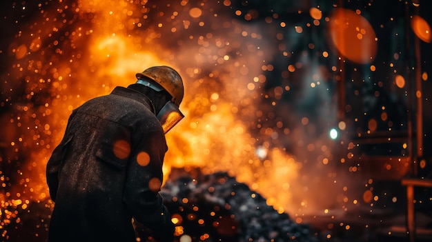 Portrait d'un ouvrier de l'usine d'acier en train de couler du métal fondu dans un atelier de fonderie industrielle