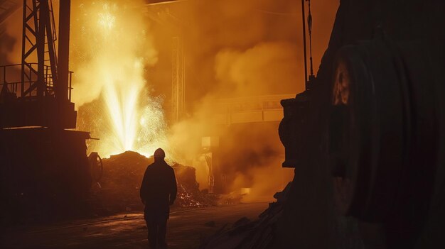 Portrait d'un ouvrier de l'usine d'acier en train de couler du métal fondu dans un atelier de fonderie industrielle