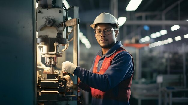 Photo portrait d'un ouvrier d'usine travaillant sur une machine industrielle dans une usine de production