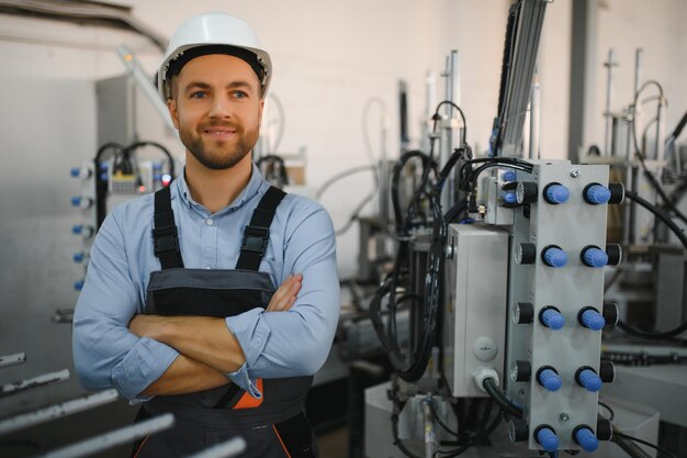 Portrait d'un ouvrier d'usine en uniforme de protection et casque debout près d'une machine industrielle sur la ligne de production Personnes travaillant dans l'industrie