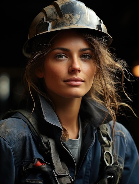 Portrait d'une ouvrière industrielle en casque posant pour la photo