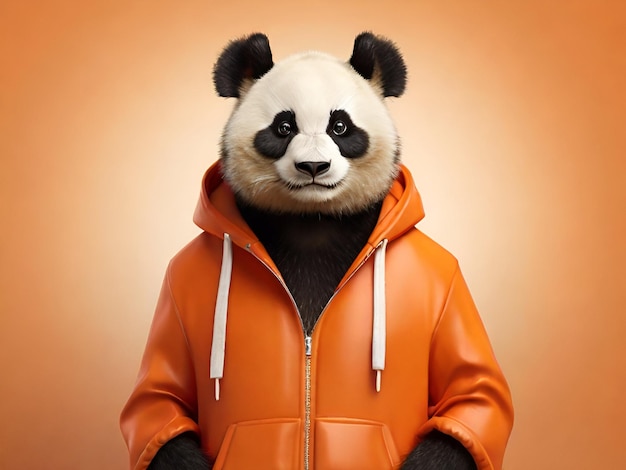 Portrait d'un panda dans une veste orange sur fond orange panda cool à la mode