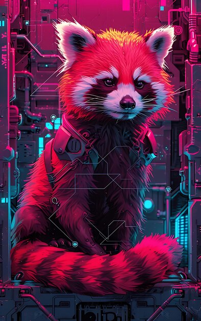 Portrait d'un panda rouge avec des améliorations cybernétiques des membres Neon Pink Synthe Affiche cybernétique Banner Flyer