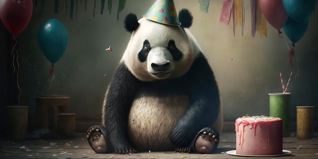 Portrait d'un panda à sa fête d'anniversaire avec chapeau de fête et a un gâteau sauvage avec des bougies portant un chapeau de fête des ballons et des confettis