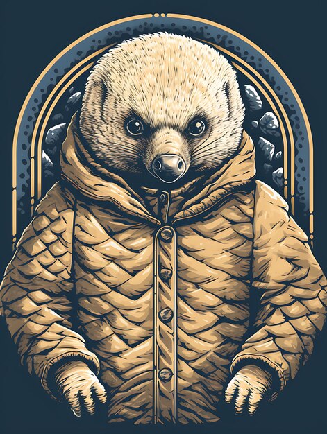 Portrait de pangolin portant un manteau et des gants avec un C Vintage Poster 2D Flat Design Art