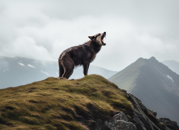 Portrait panoramique du loup rugissant sur la montagne ai générative